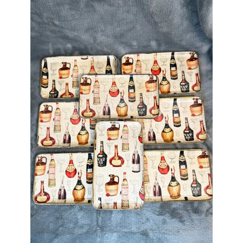 1950's Lot 18 Piece Barware Set Liquor Bottle Design Tray Plates Bottle Opener